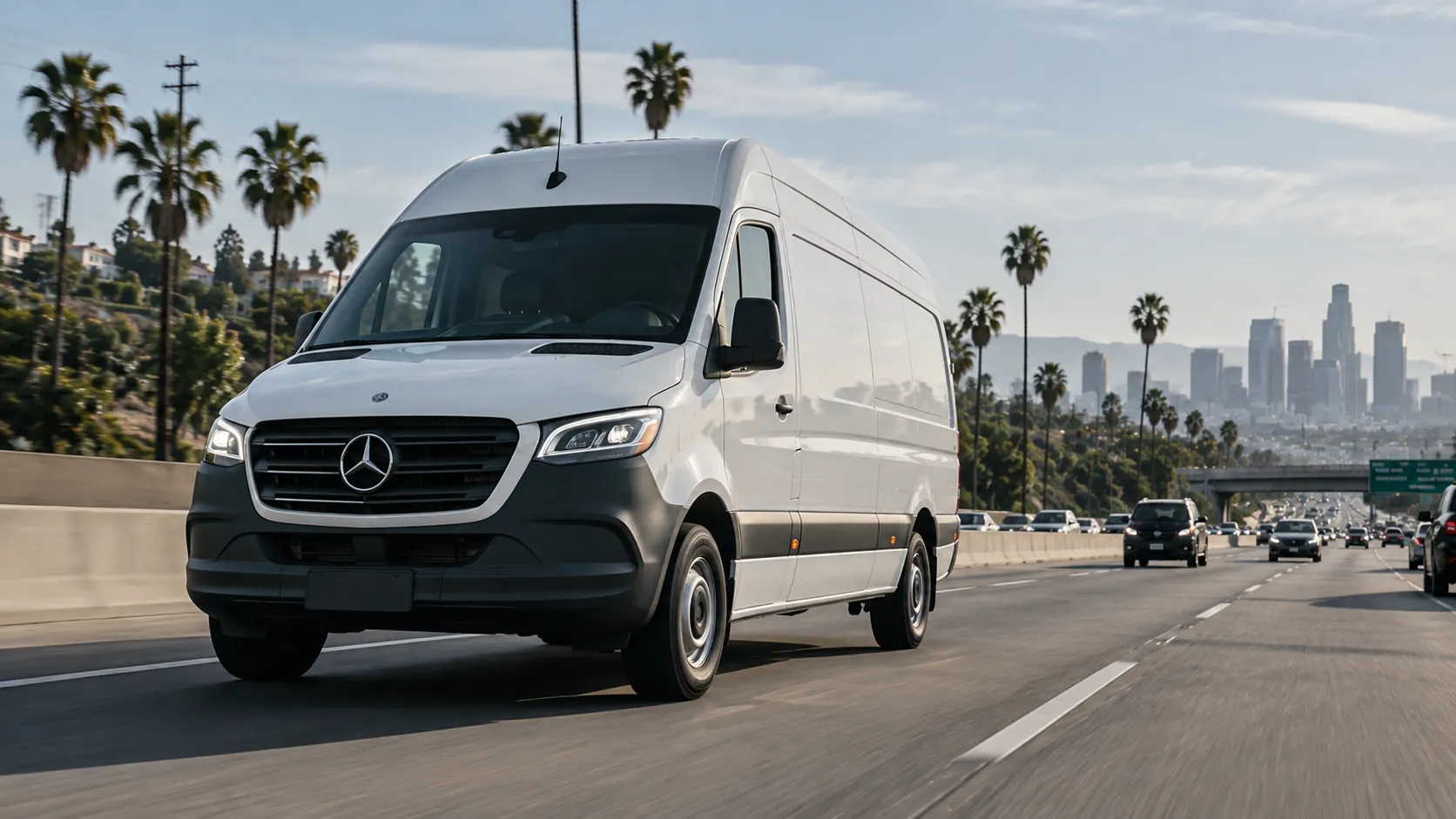 White Mercedes Sprinter cargo van driving on a Southern California freeway toward the Los Angeles skyline